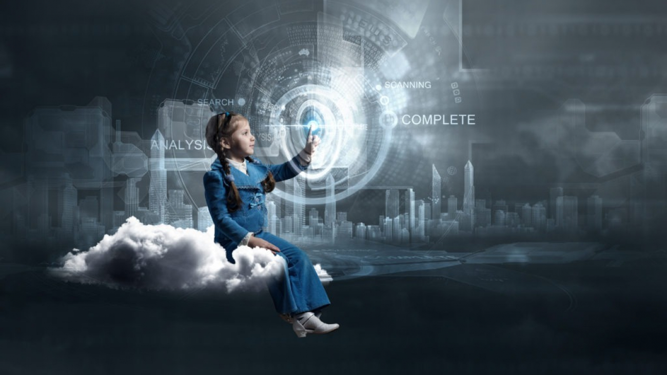 Little girl sitting on cloud and touching virtual panel with finger