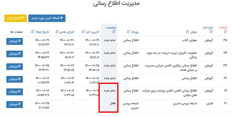 وضعیت پیام ارسال شده